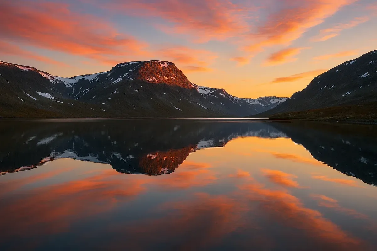 Sunrise at Lake Finsevatnet in Hardangervidda with perfect mountain reflection