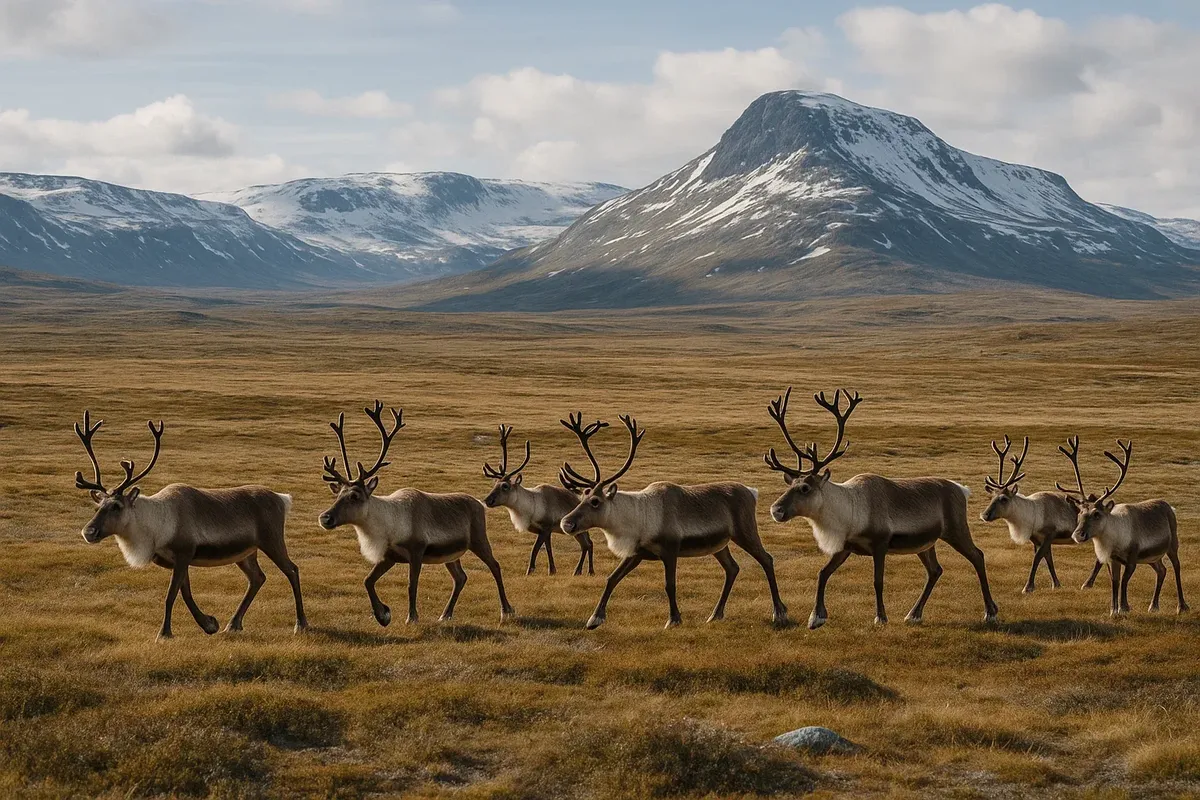 Herd of wild reindeer standing on high mountain plateau in summer light, Hardangervidda, Norway