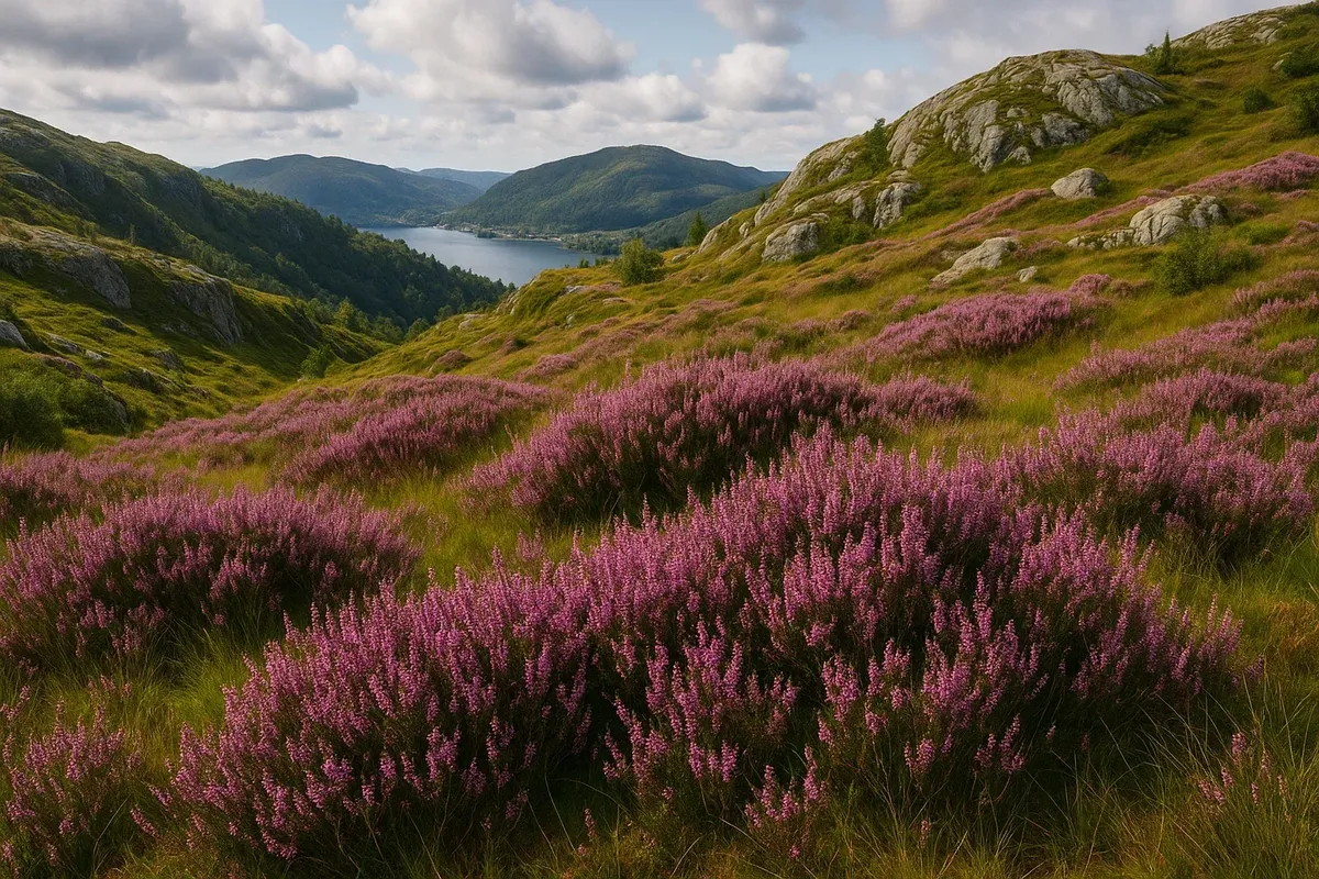 Vibrant purple heather covering rolling hills with fjord in background near Bergen, Norway