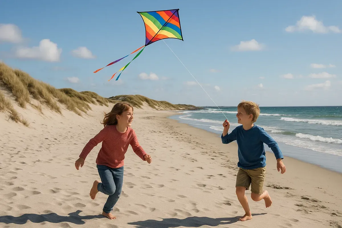 Kids playing with kite on Hellestø beach with sand dunes and ocean in background