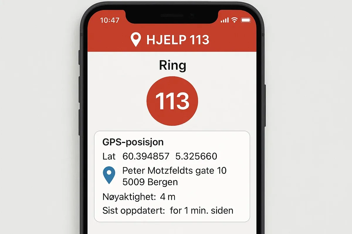 Example of Norway’s emergency app Hjelp 113 that sends GPS coordinates to rescuers