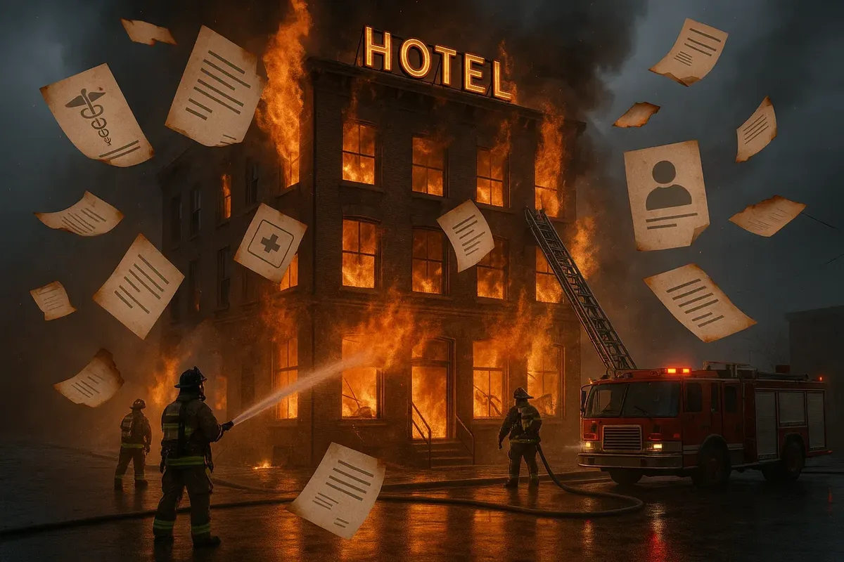 Firefighters extinguishing a burning hotel while a guest stands outside, illustrating the loss of important medical documents in the fire.