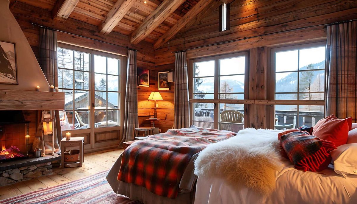 A cozy room in a wooden cabin with a fireplace and a view of snow-covered mountains.