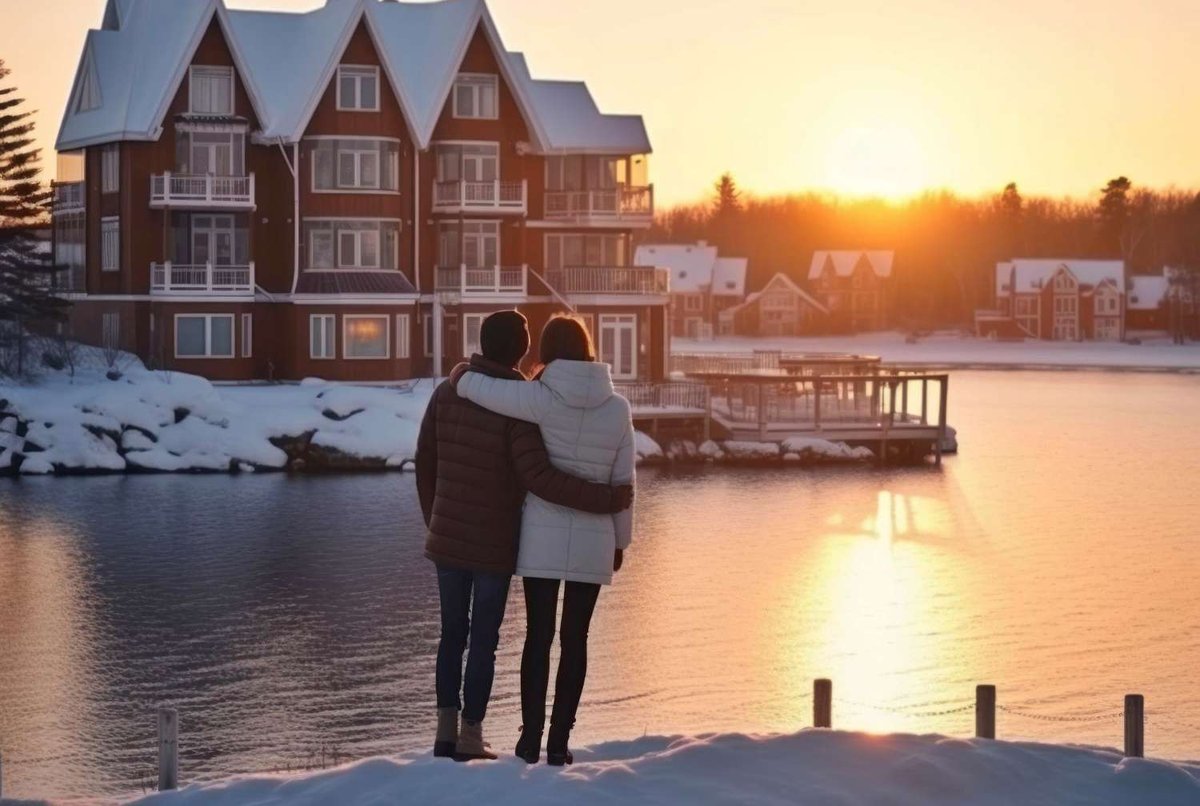 A couple stands by a snowy shore, looking at a waterfront hotel during sunset.