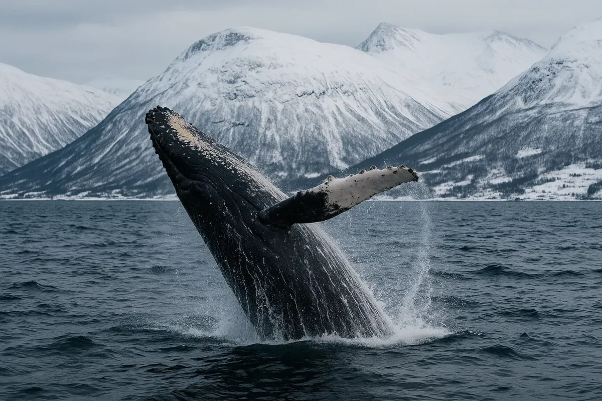 Majestic humpback whale leaping out of icy Arctic waters near Tromsø, Norway, with snowy mountains in the distance