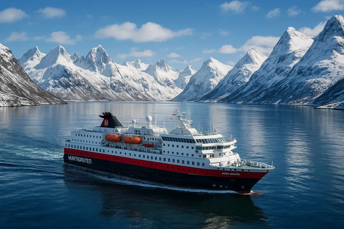 A Hurtigruten ship traveling through an Arctic fjord surrounded by snow-covered mountains.