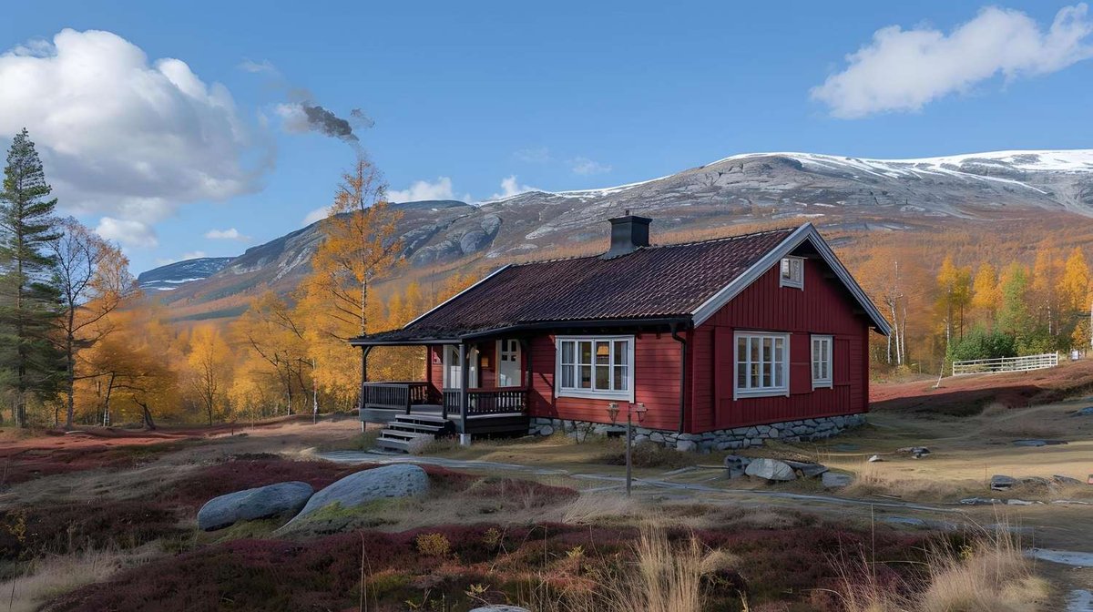 A red traditional-style cabin (hytte) is located in the Norwegian mountains surrounded by autumn forest.