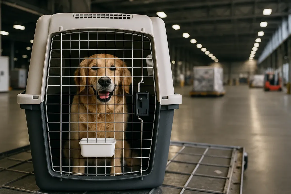 A dog inside an IATA-approved pet transport crate at an airport cargo terminal, ready for international travel.