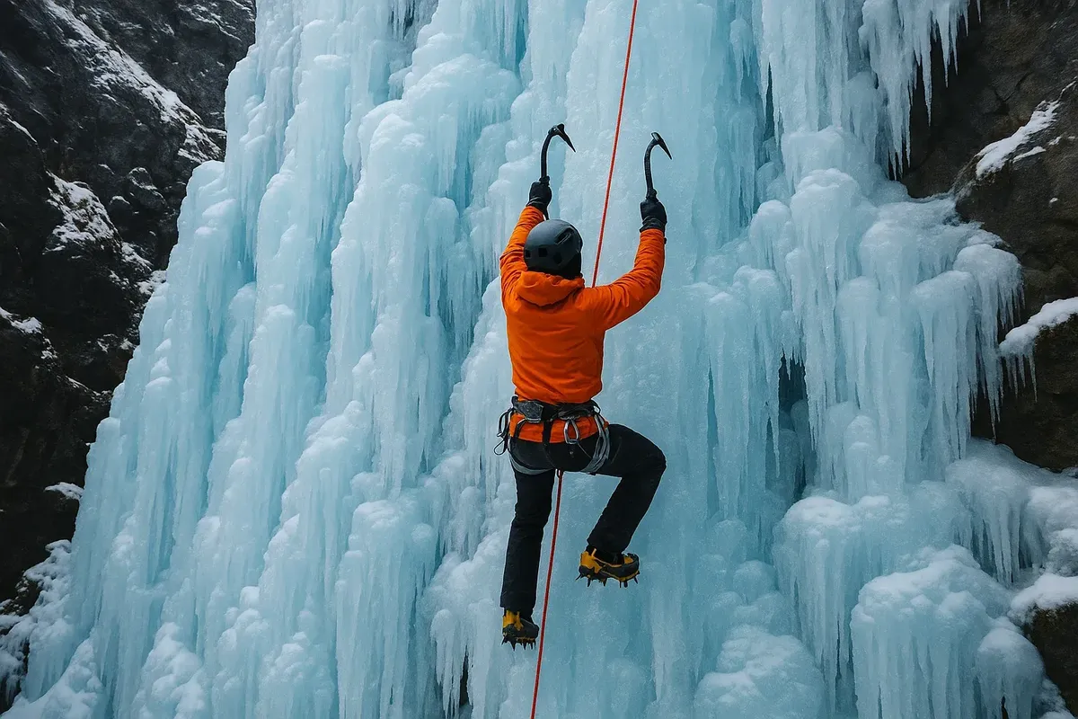 Beginner ice climber ascending frozen waterfall in Rjukan, Norway, on a clear winter day