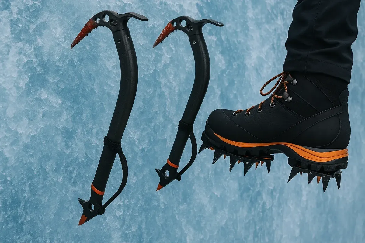 Detail of ice tools and crampons during ice climbing on a frozen fall