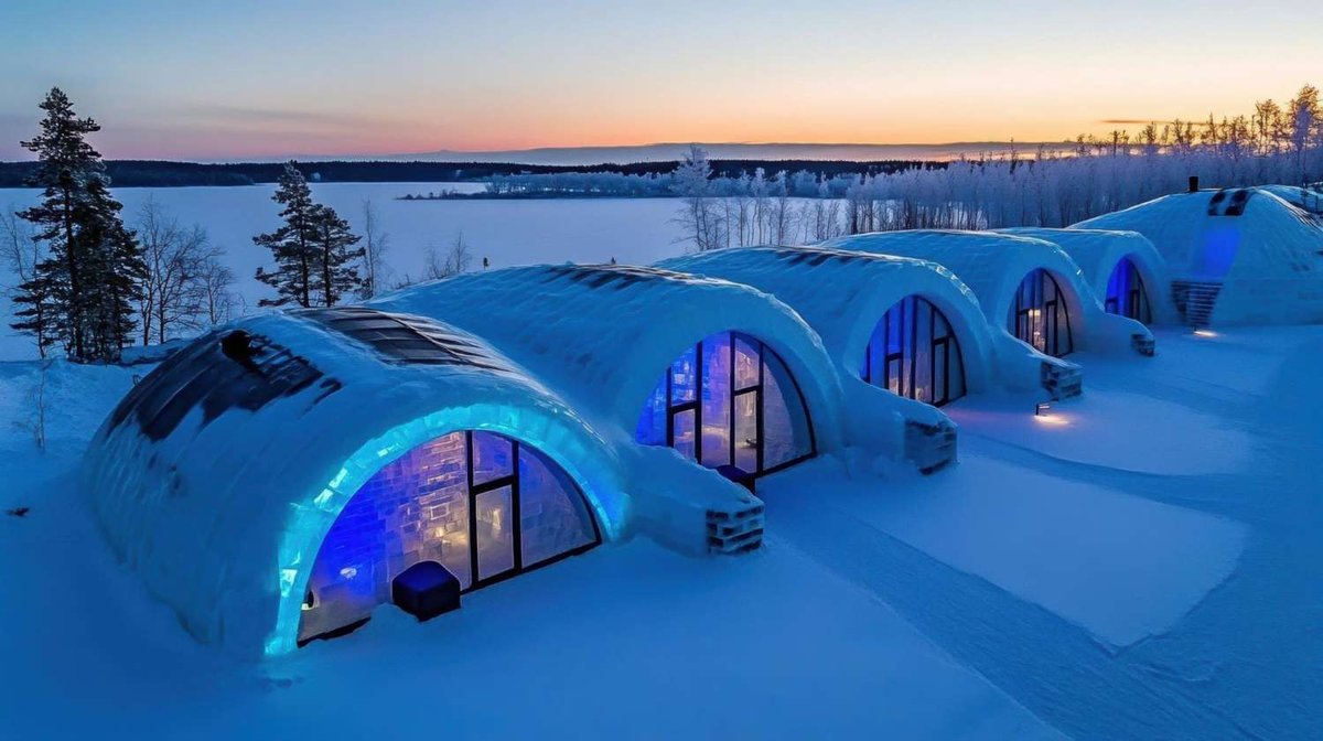 A row of ice hotels with panoramic windows is lit from inside and located on a snowy shore in Norway.