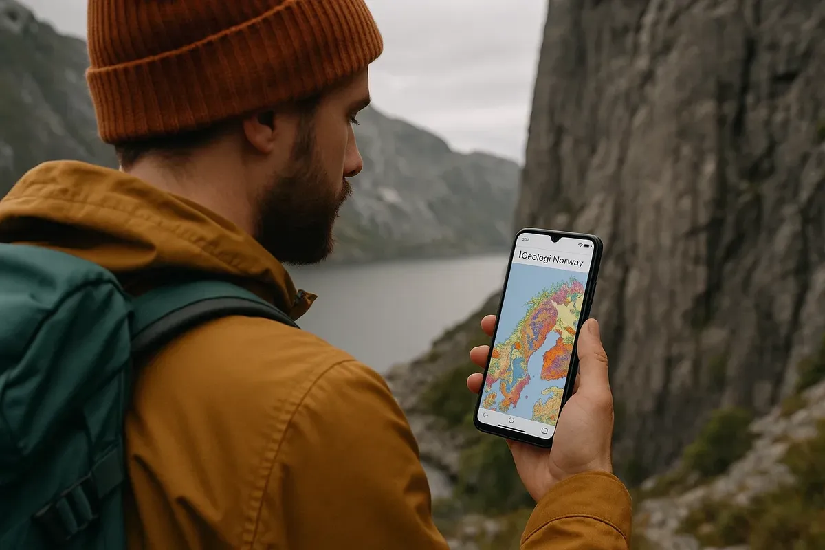 Trekker checking geology layers with iGeology Norway app during hike