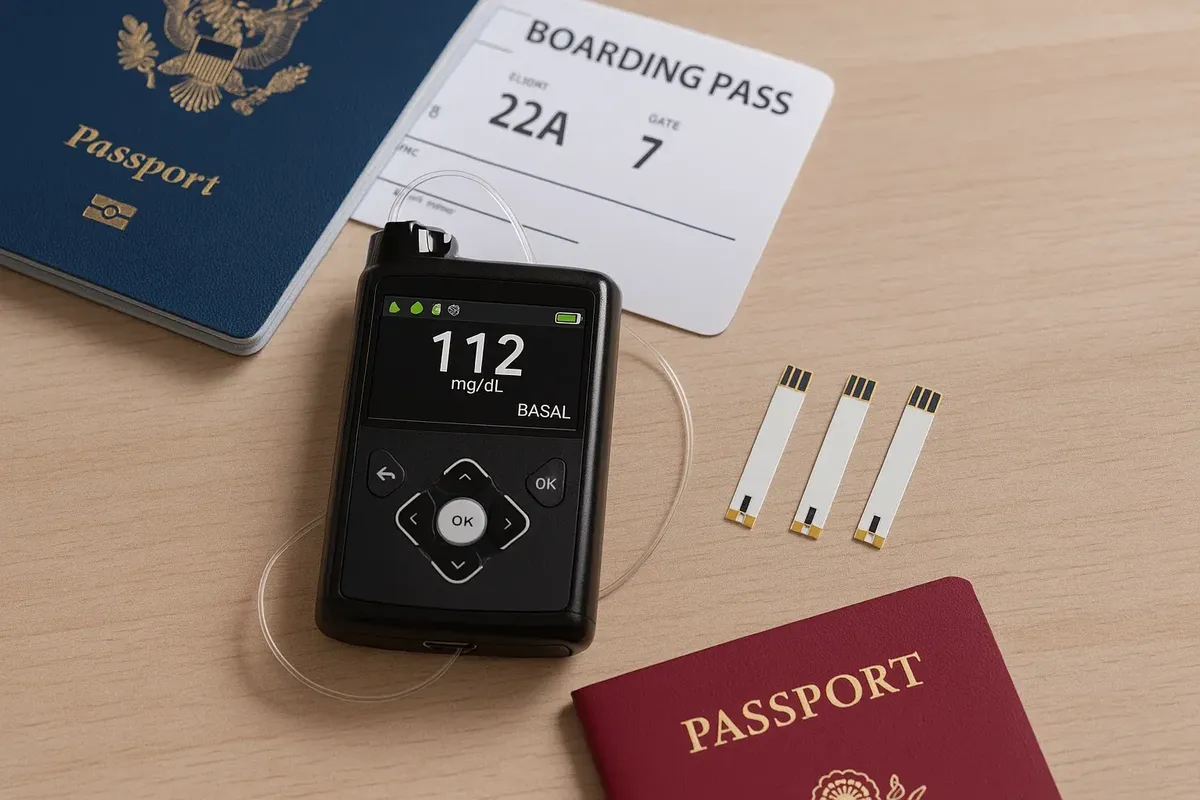 An insulin pump with glucose test strips and travel documents prepared for a trip to Norway.