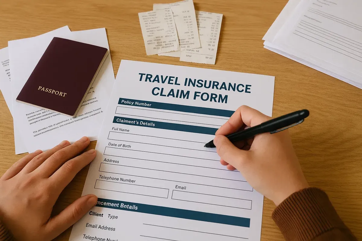 Close-up of a traveler filling out an insurance claim form with medical receipts, ID, and policy documents spread out on a table.