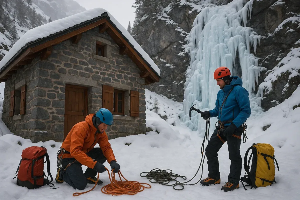 Climbers preparing for ice climbing near Jostedal Camping with snowy peaks and frozen waterfalls