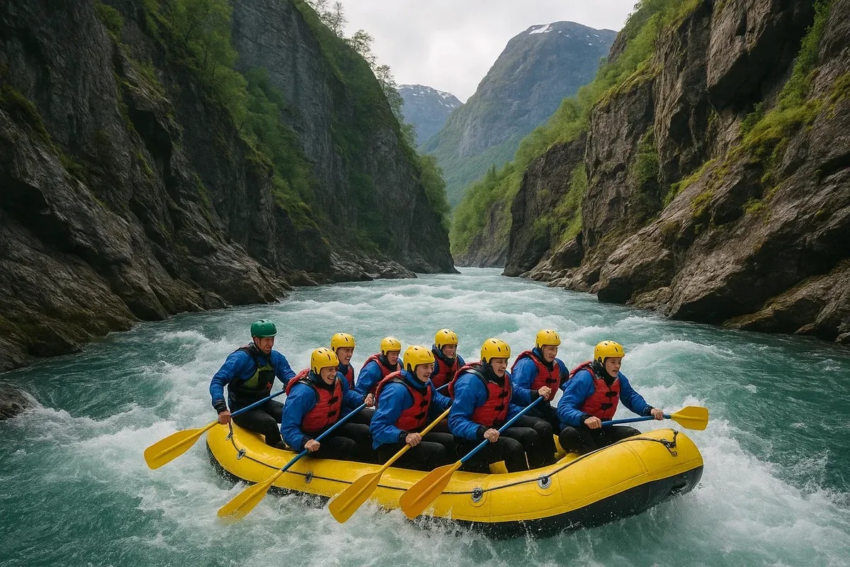Rafters in bright gear paddling through rapids on a turquoise glacial river in Jostedalen