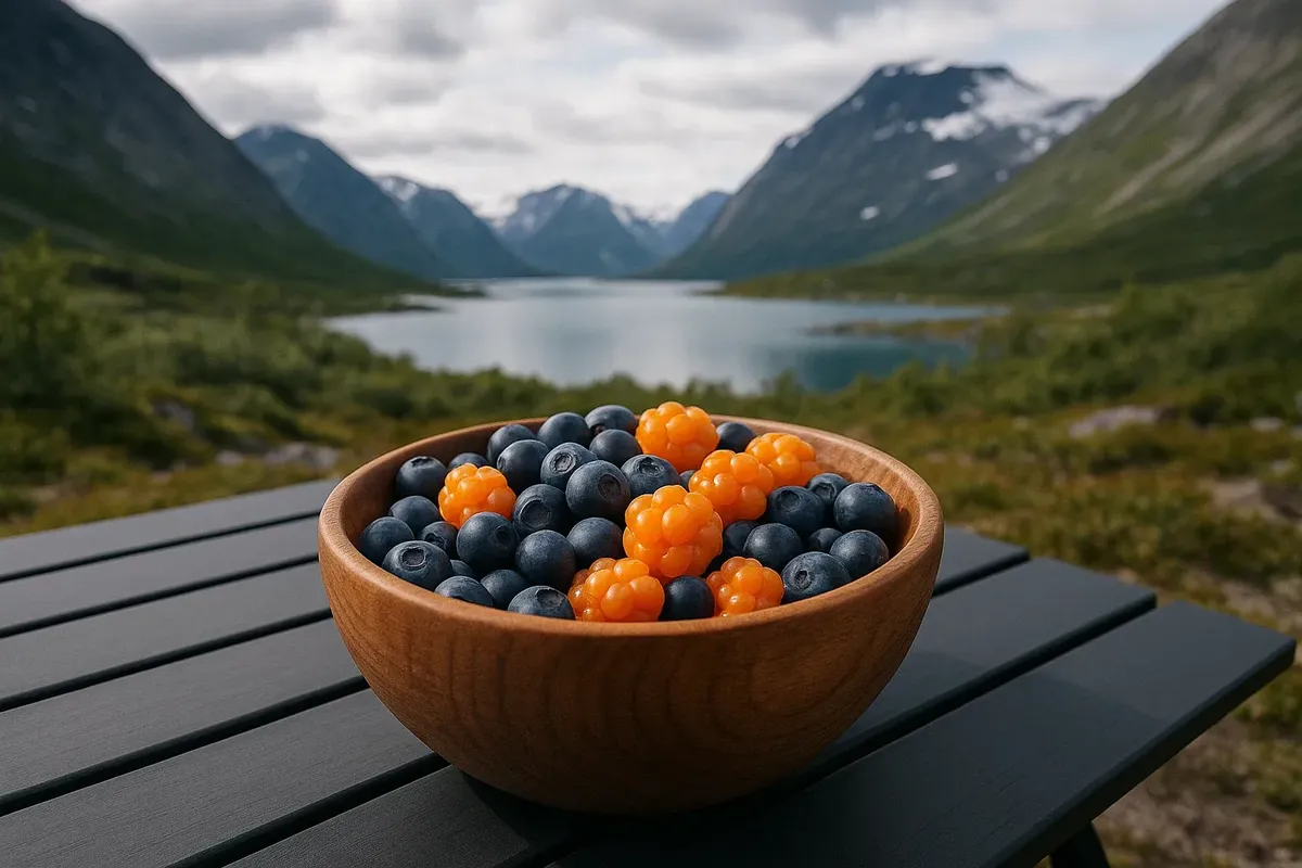 Fresh berries collected during a hike, ready to eat in campsite