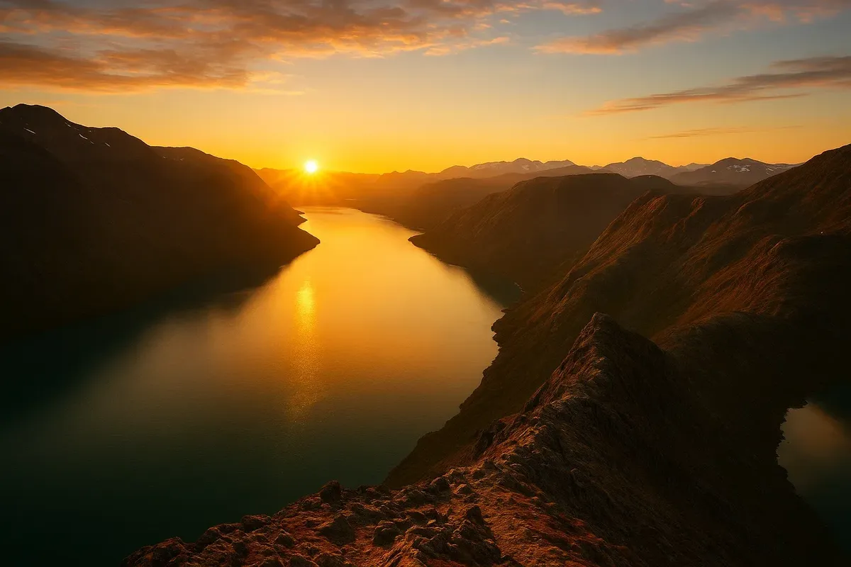 Besseggen ridge sunrise in Jotunheimen with golden light on Lake Gjende