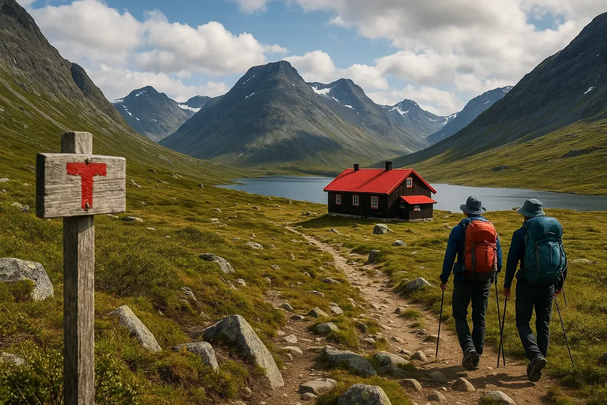 Trekking towards a DNT hut in Jotunheimen during a hut-to-hut week, with mountain scenery