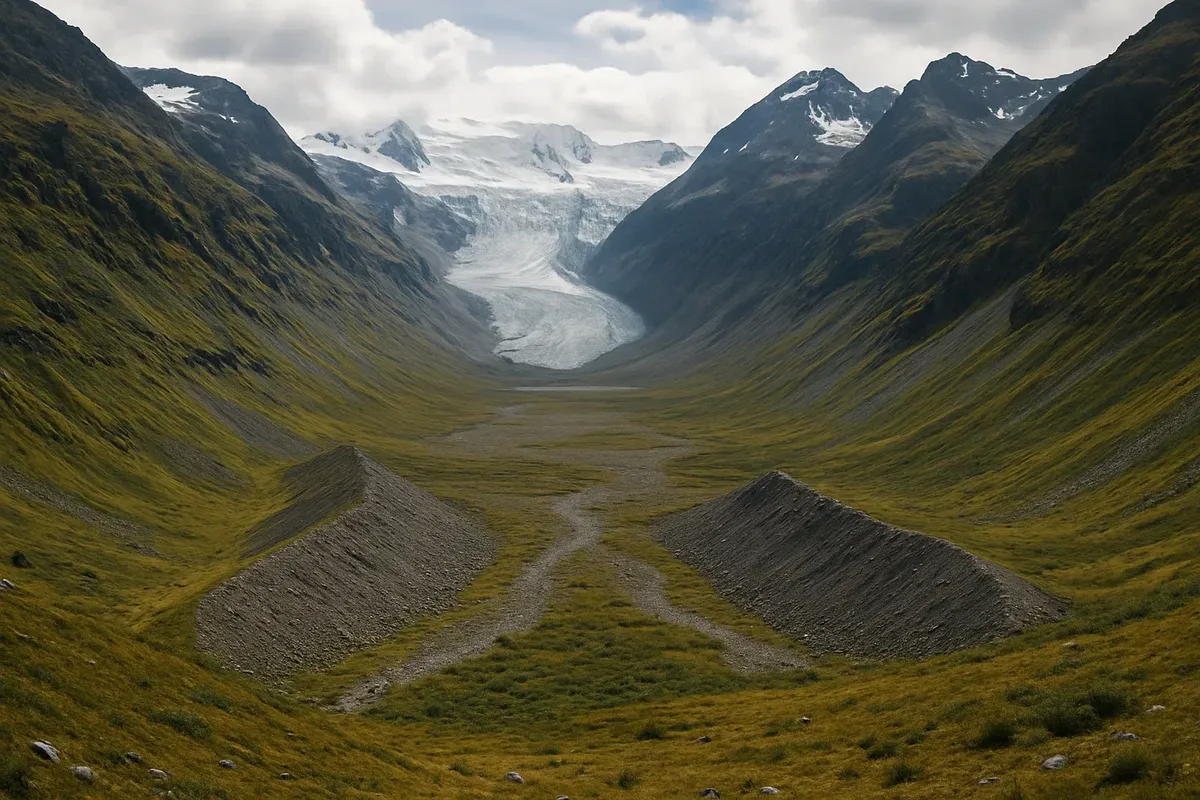 Classic glacial landscape in Jotunheimen with U-shaped valley, moraines and glacier