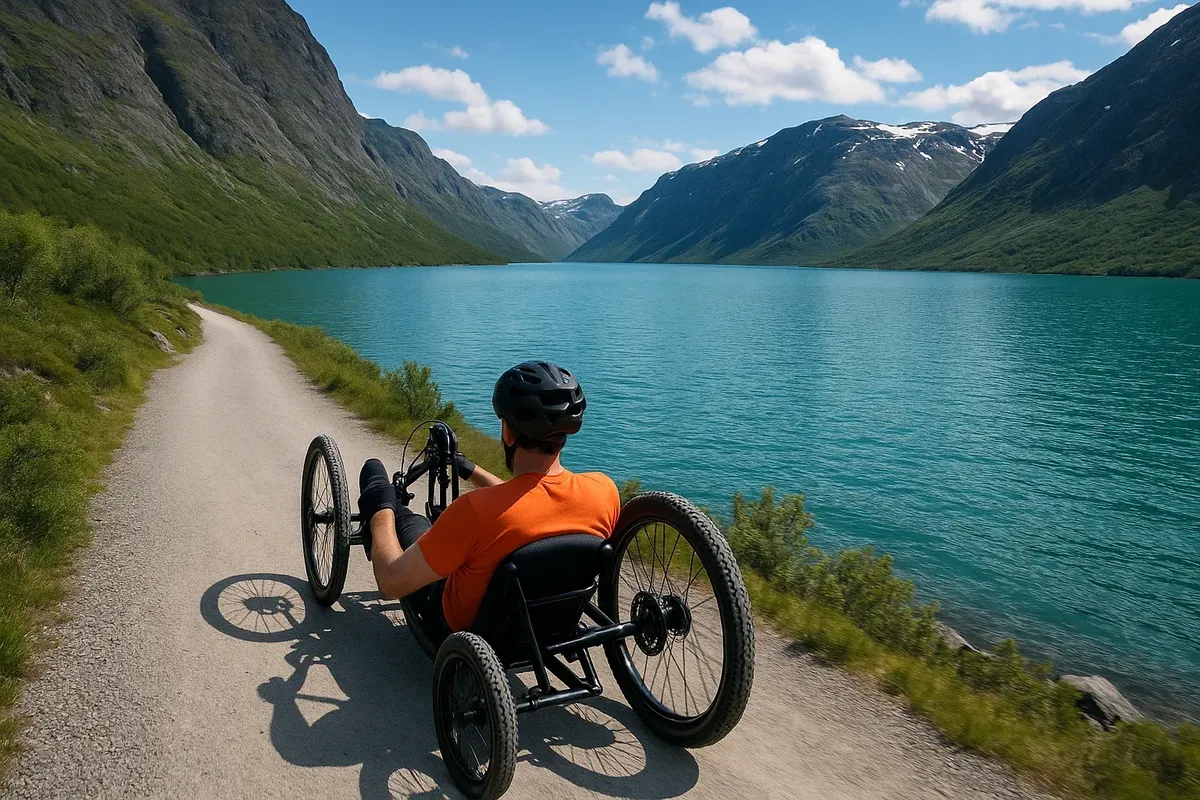Accessible handbike route along Lake Gjende in Jotunheimen with smooth gravel surface and gentle slope