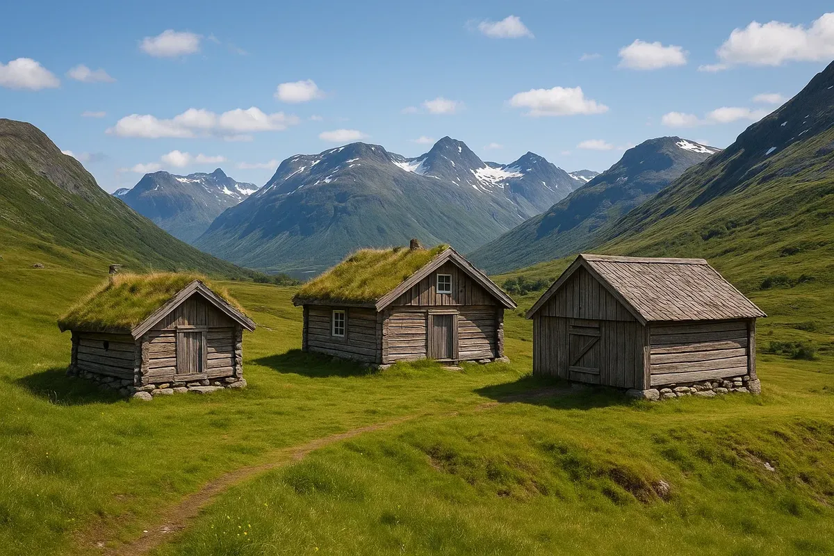 Traditional wooden barns and pasture huts on a historic trail in Jotunheimen National Park