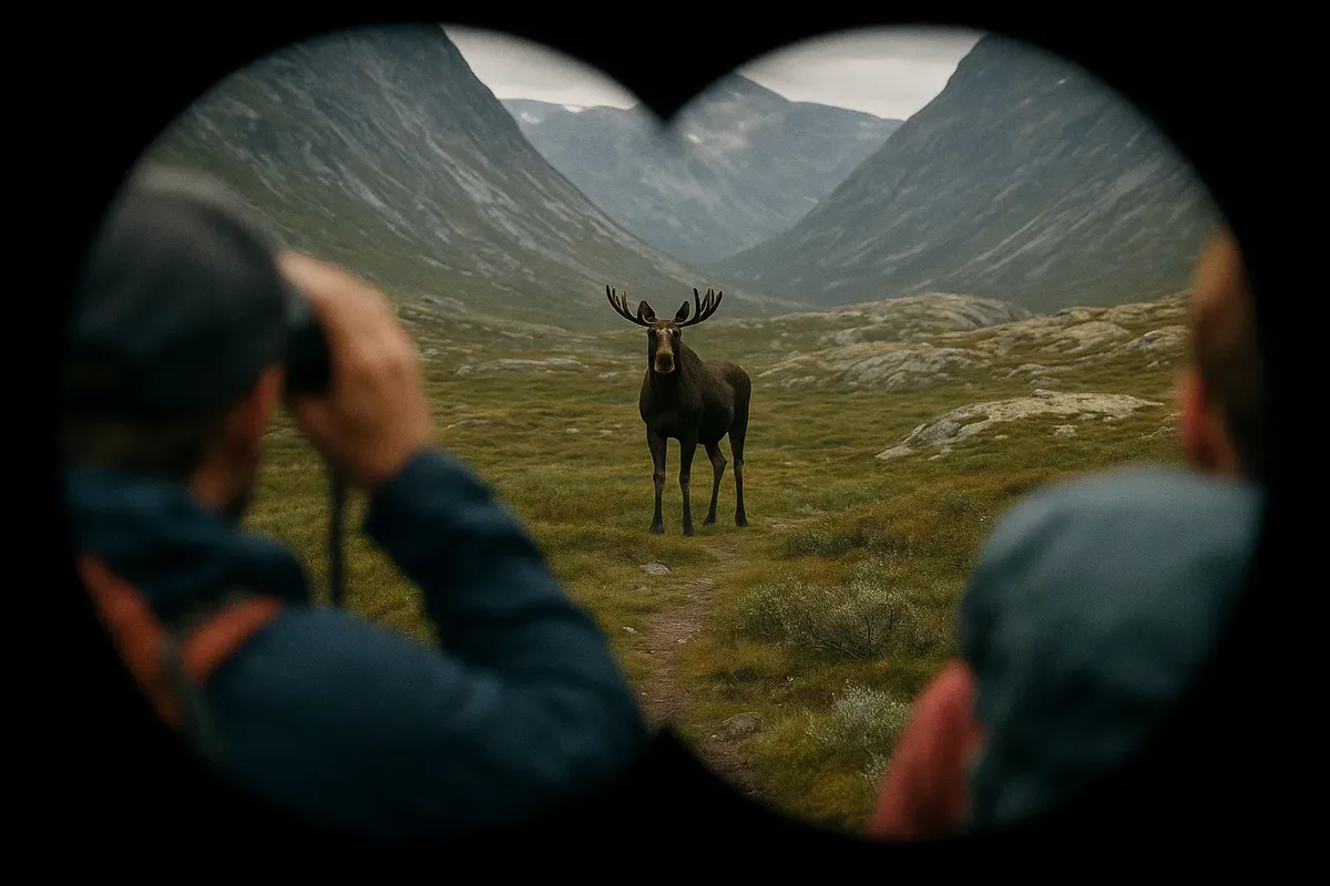 Observing a moose in Jotunheimen from a safe distance using binoculars