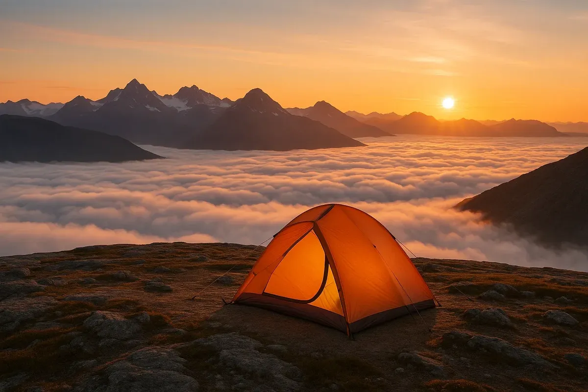 Summit camping above the clouds in Jotunheimen with panoramic sunrise view