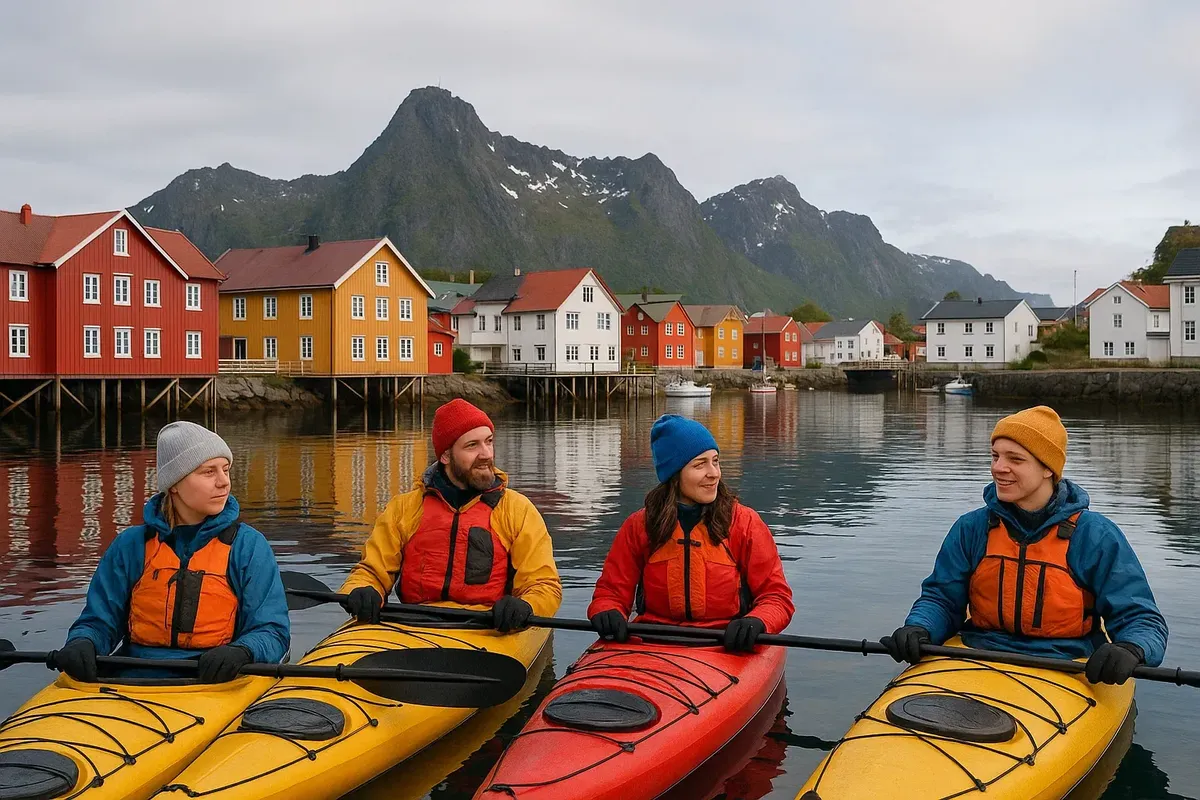 Group of novice kayakers resting near Kabelvåg harbor with colorful houses