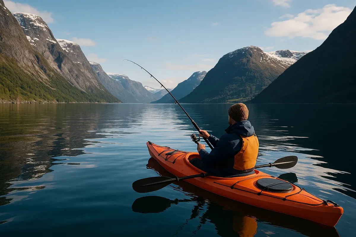 Angler fishing from a kayak on calm Norwegian fjord waters surrounded by mountains