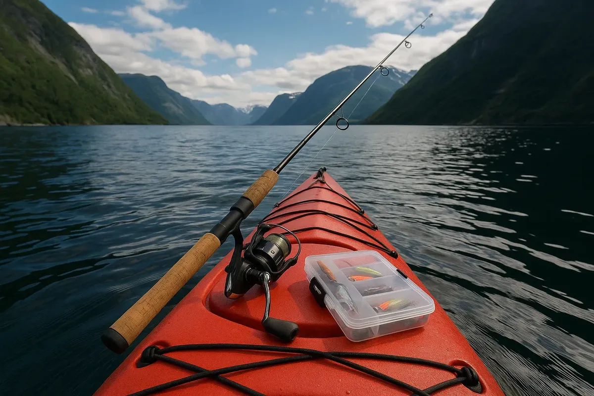 Light spinning rod and small tackle box on kayak, with Norwegian fjord in background