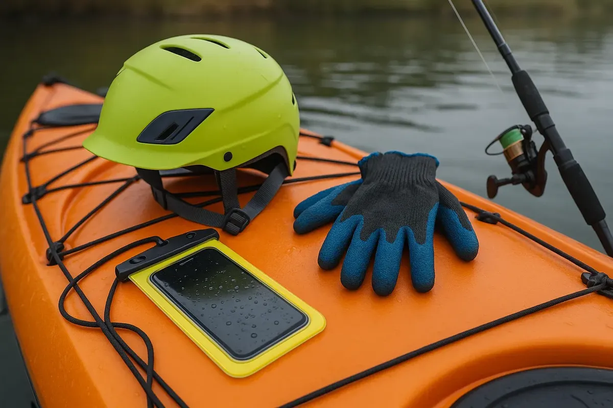 Safety gear and waterproof phone case on a kayak deck during a fishing trip