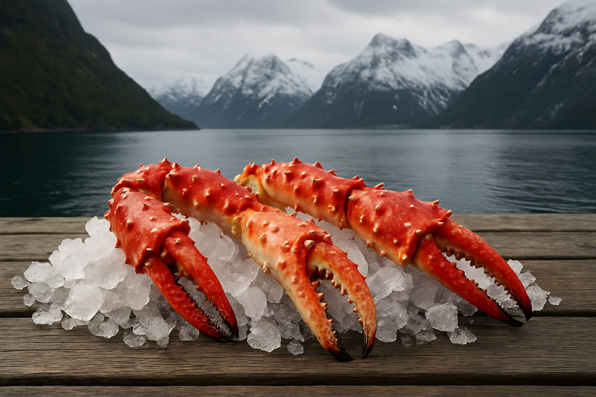 Red king crab on ice by a fjord dock in soft northern light.