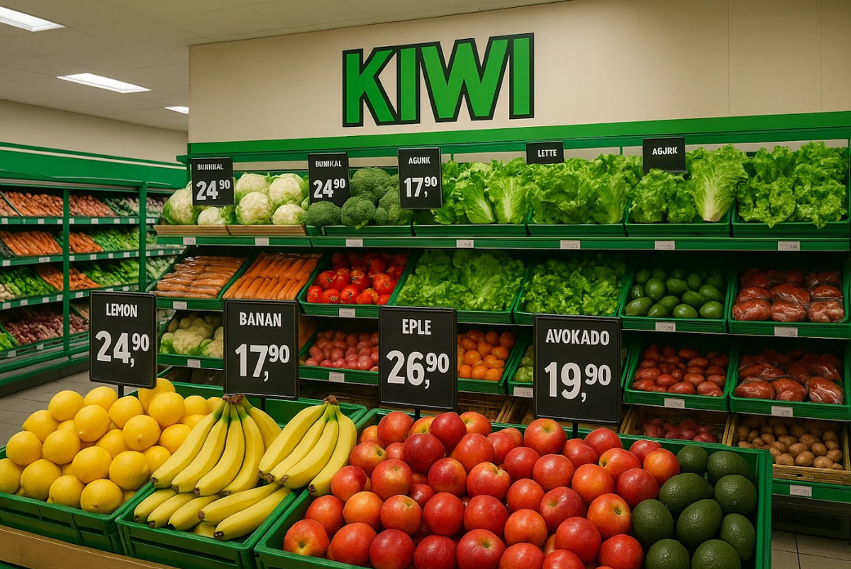 Fresh produce section inside a Kiwi supermarket in Norway with clear price labels on fruits and vegetables.