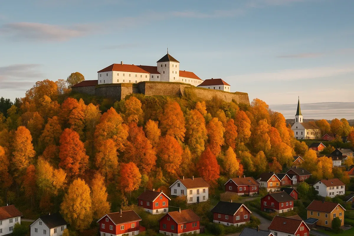 Picturesque medieval Kongsvinger Fortress with preserved walls, autumn colors, and a panoramic view over the Norwegian countryside.