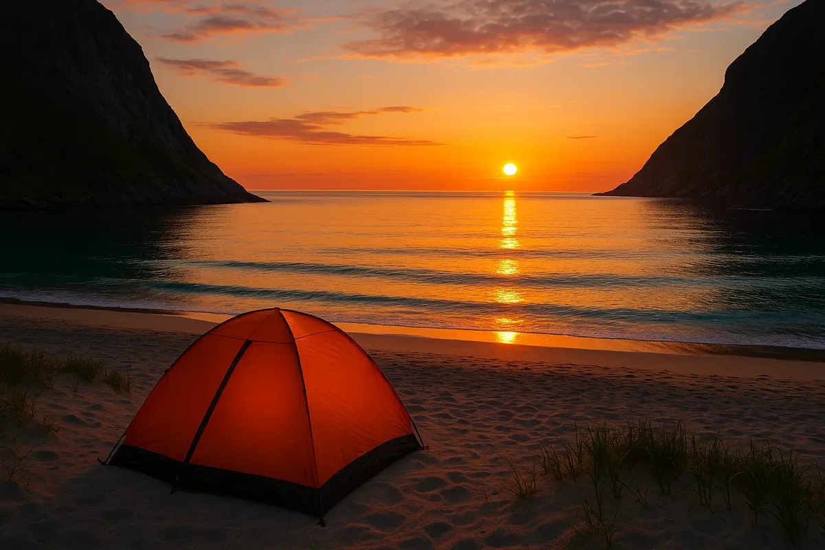 Camping tent on Kvalvika beach glowing under midnight sun