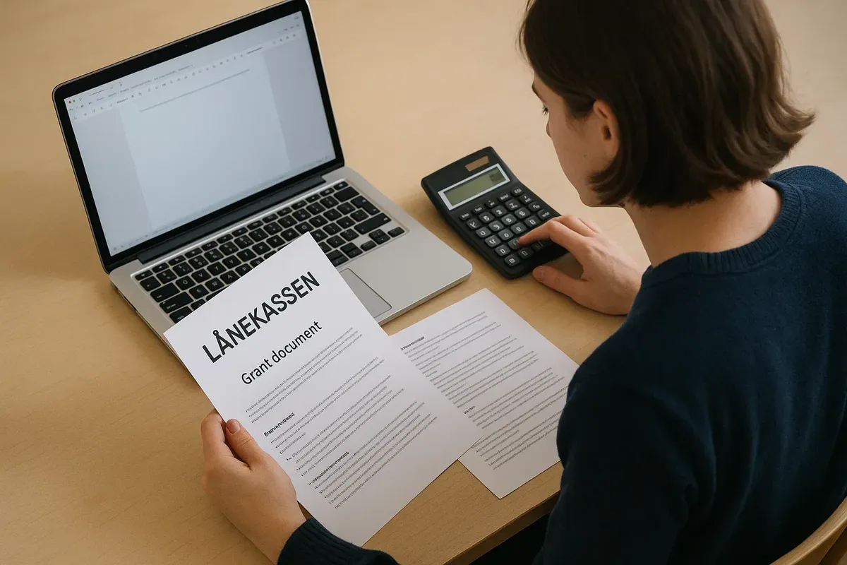 A student calculating finances with LÄnekassen grant and loan documents on a desk with a laptop.