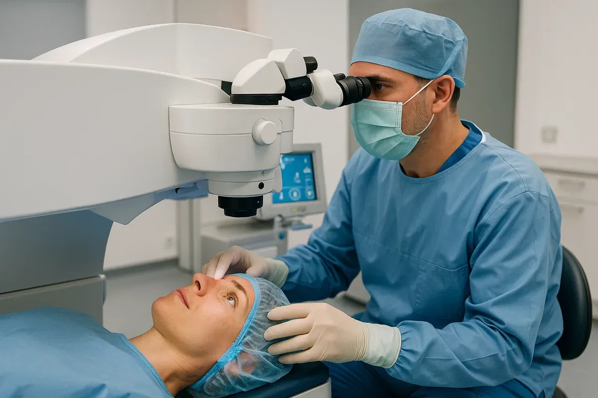 Modern LASIK eye surgery scene in Oslo with a patient lying under a laser machine operated by a surgeon.