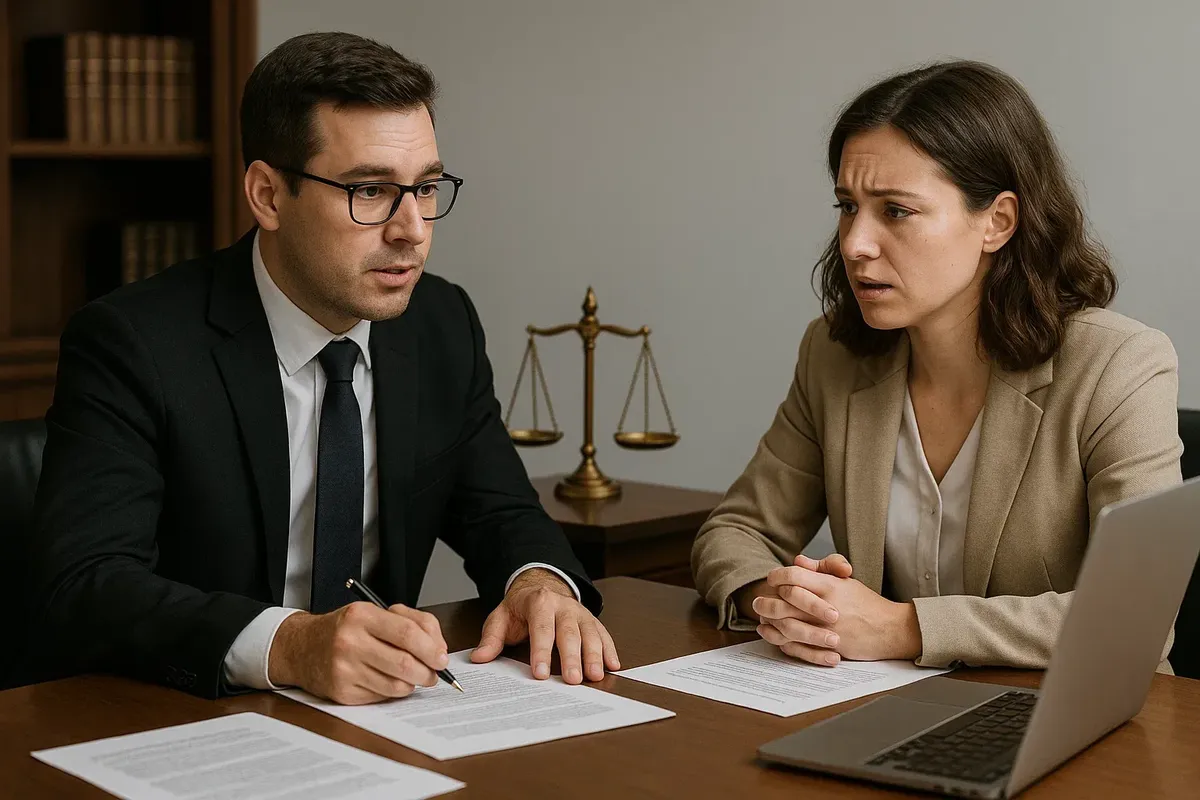 A Norwegian lawyer consulting a client about a medical insurance dispute, sitting in a modern office with documents and a laptop.