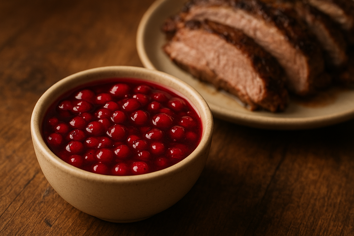 Tangy lingonberry sauce with roasted meat in a Nordic setting.