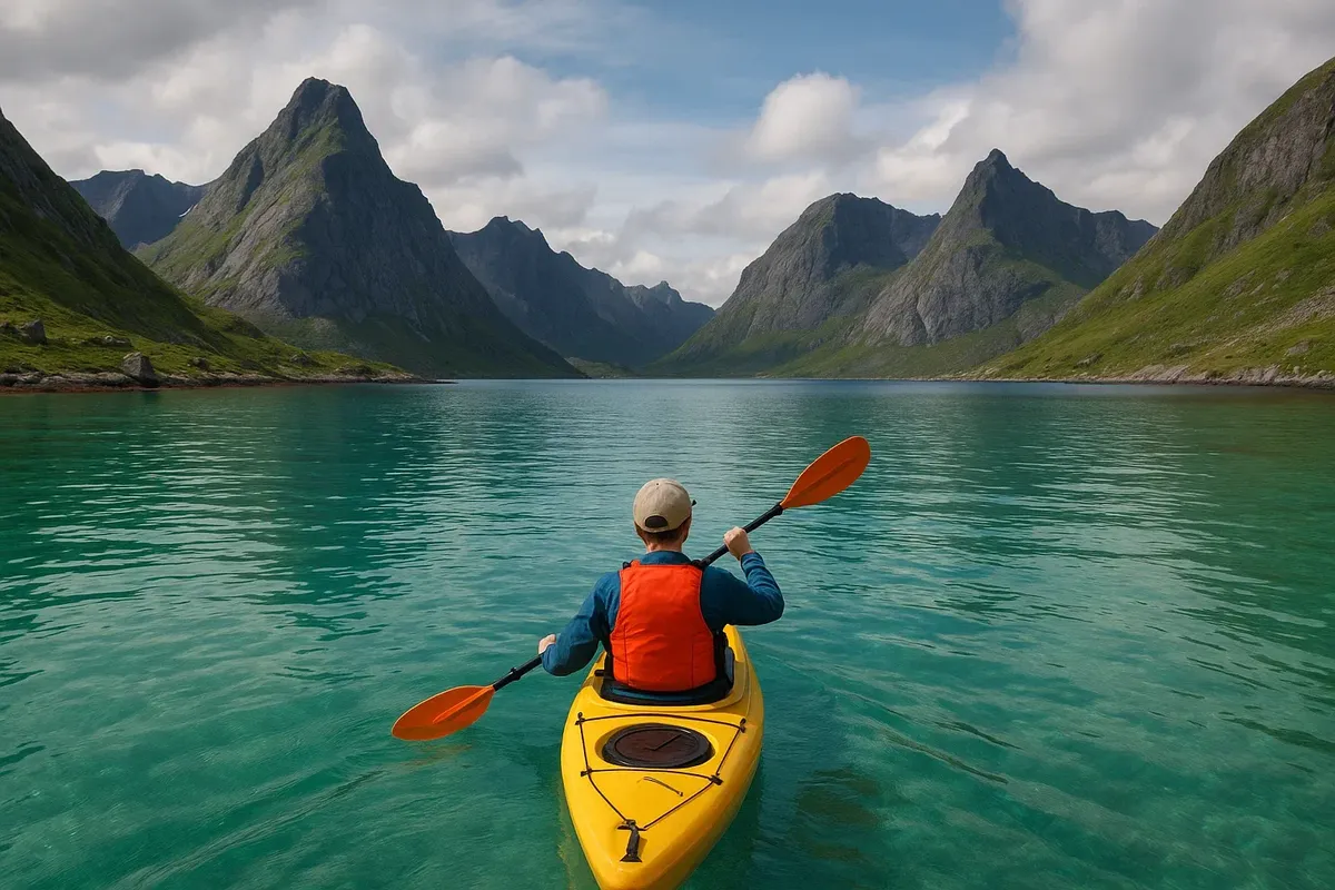 Beginner kayaker paddling in calm turquoise waters near Lofoten mountains