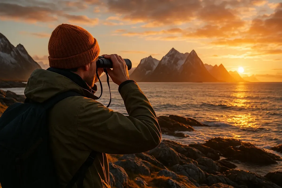 Person observing seabirds with binoculars on Lofoten coast, dramatic mountains in background