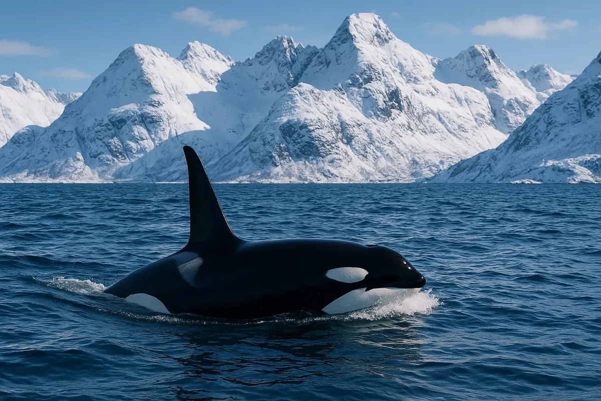 Orca breaking the water surface close to Lofoten coast in winter, dramatic snowy peaks in background