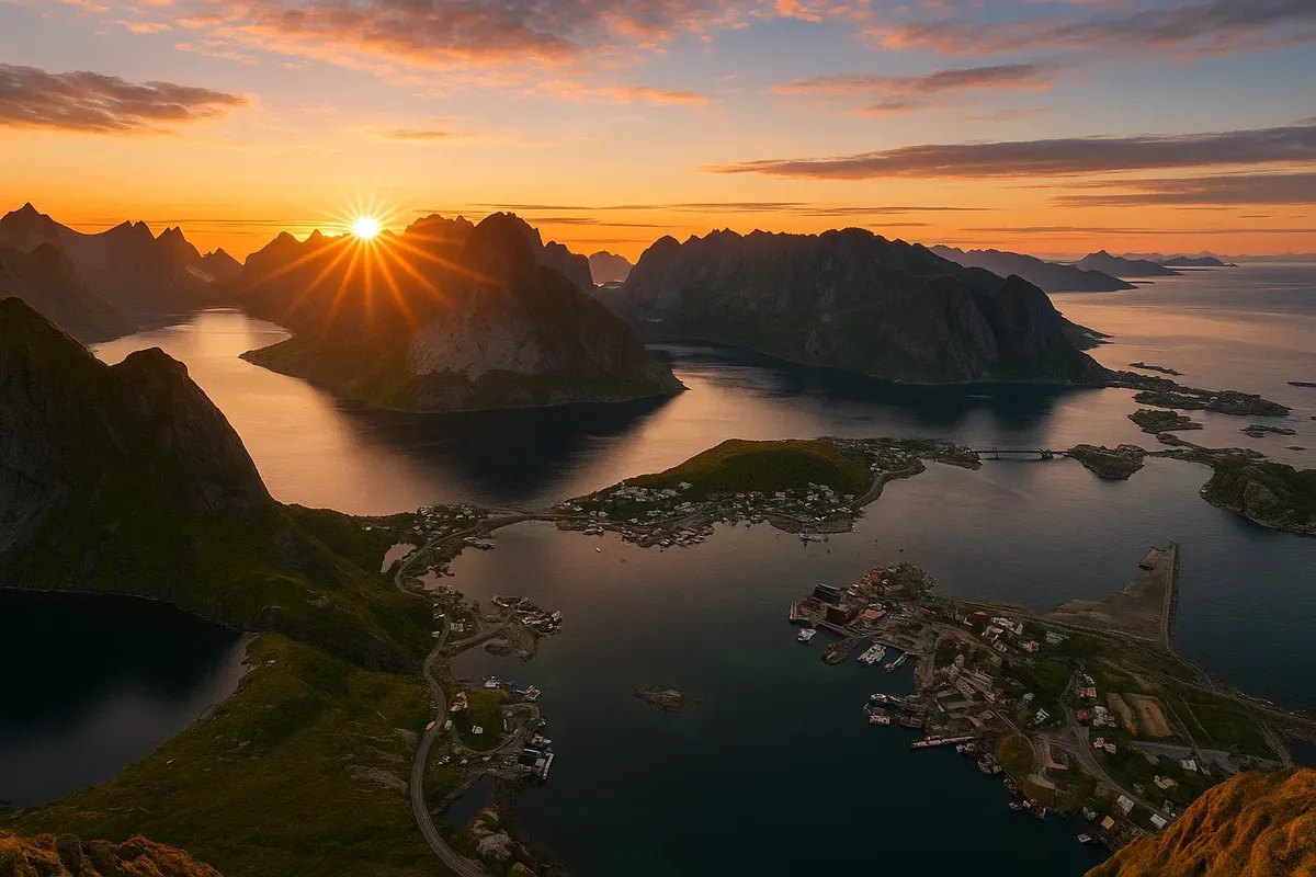 Majestic sunrise over mountains and fjords seen from Reinebringen, with orange glow and dramatic peaks