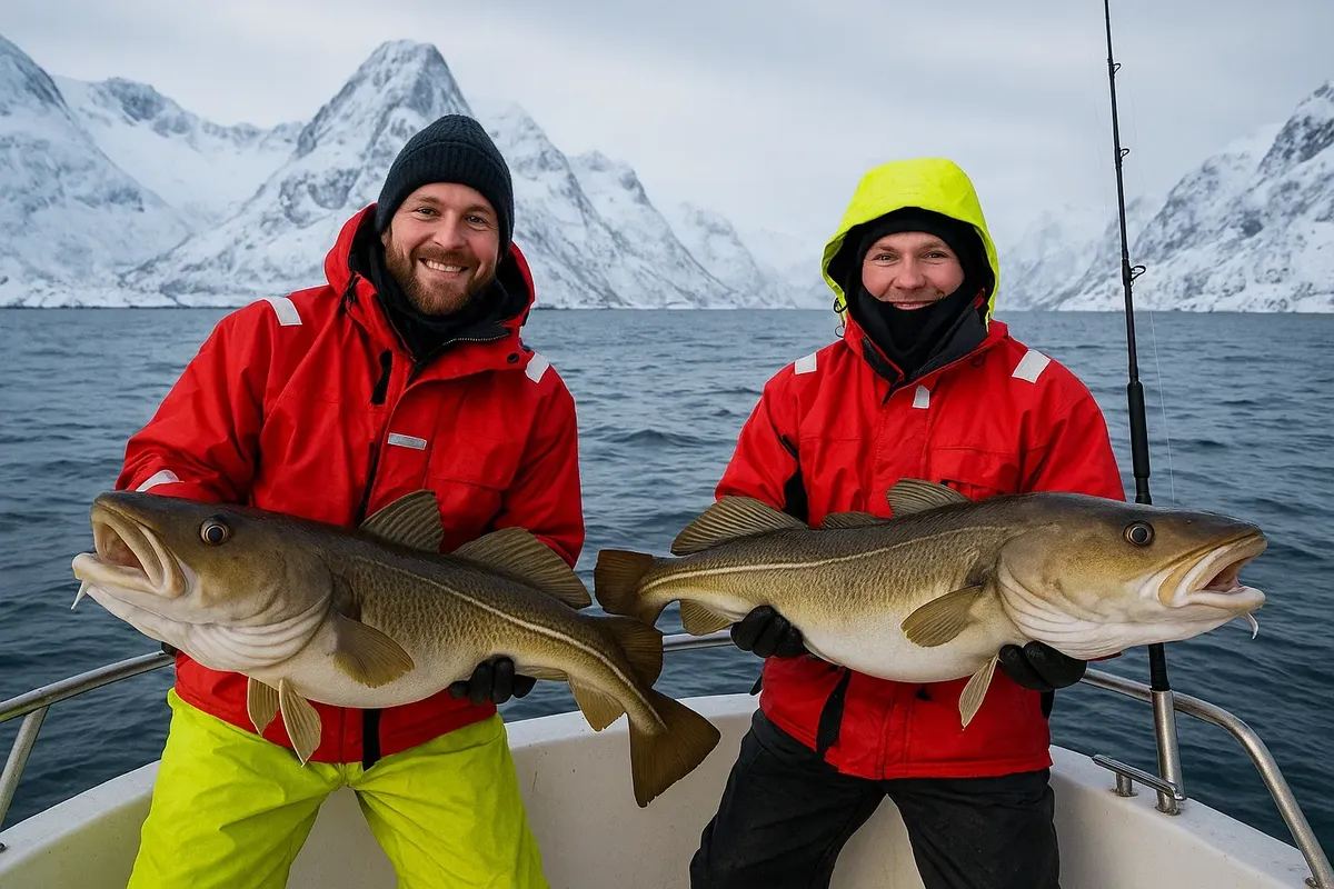 Fishing boat in Lofoten winter with anglers holding large skrei cod