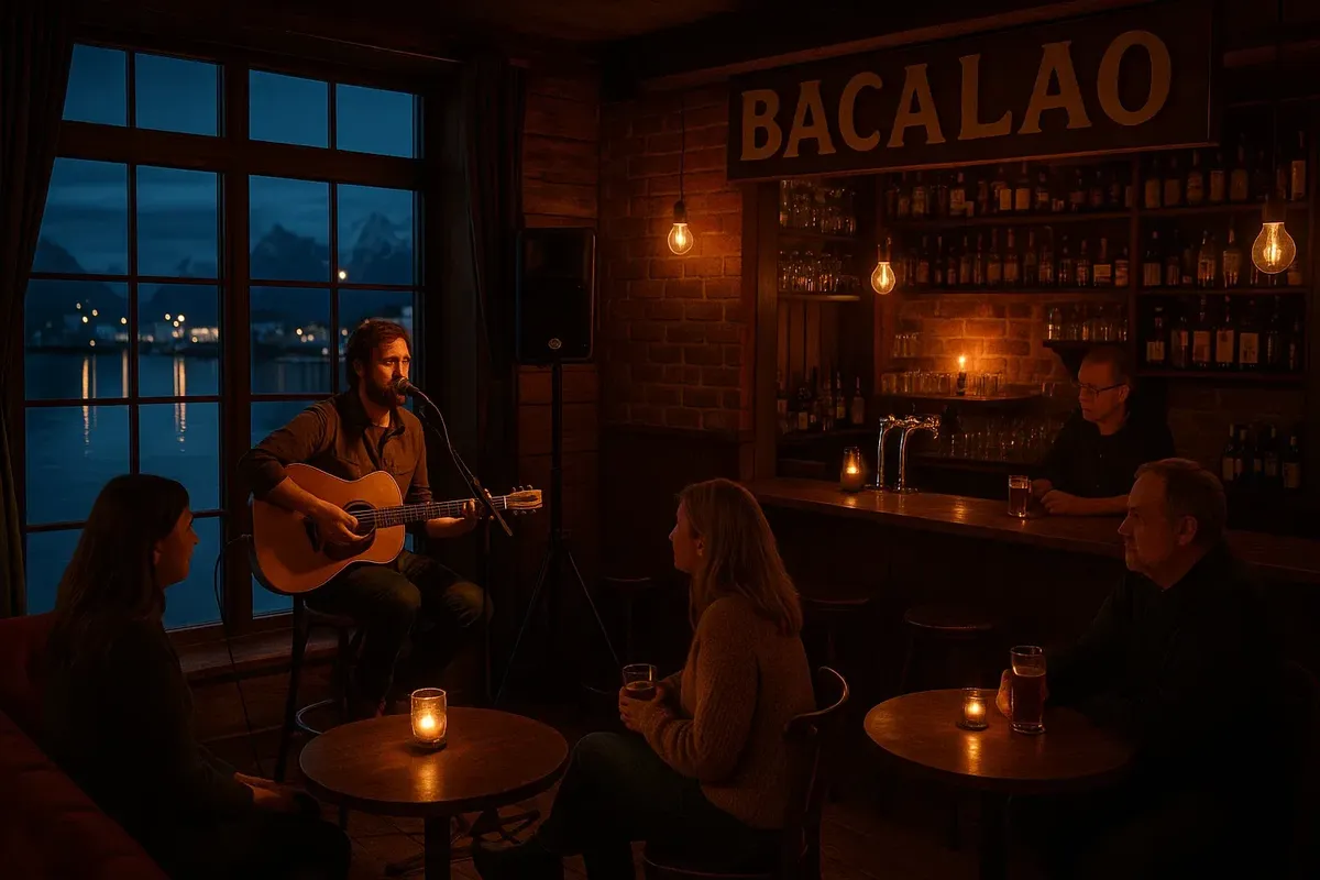 Interior of Bacalao bar in Svolvær on the Lofoten Islands, with warm lighting, live musicians, and a view of the harbor
