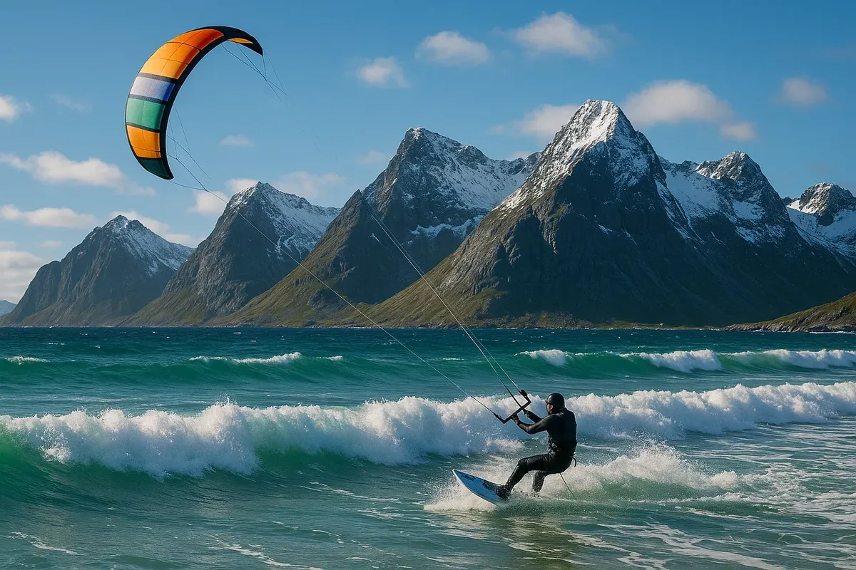 A kitesurfer gliding over the waves in Lofoten, Norway, with dramatic mountain scenery in the background.
