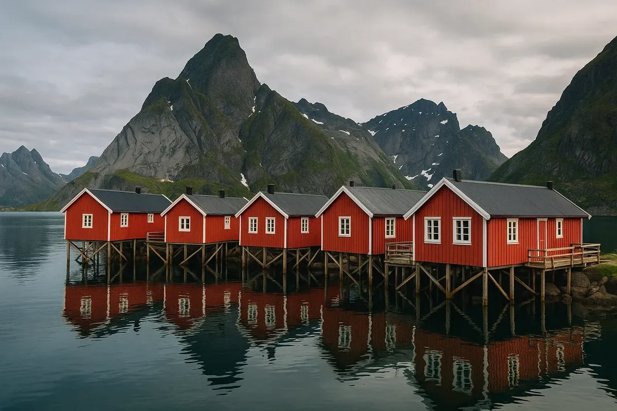 Iconic red rorbu fisherman cabins along the waterfront in Lofoten, surrounded by dramatic mountains.
