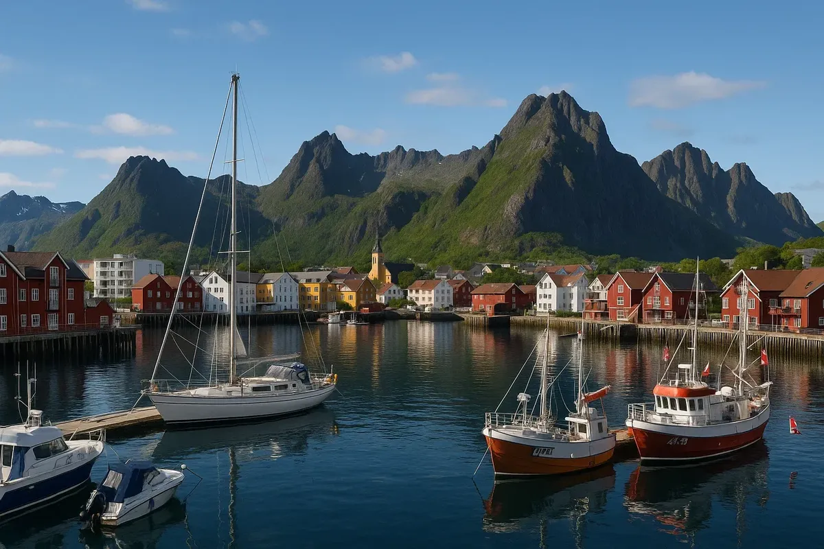 A panoramic summer view of Svolvær harbor in Lofoten with fishing boats and mountains under the midnight sun.