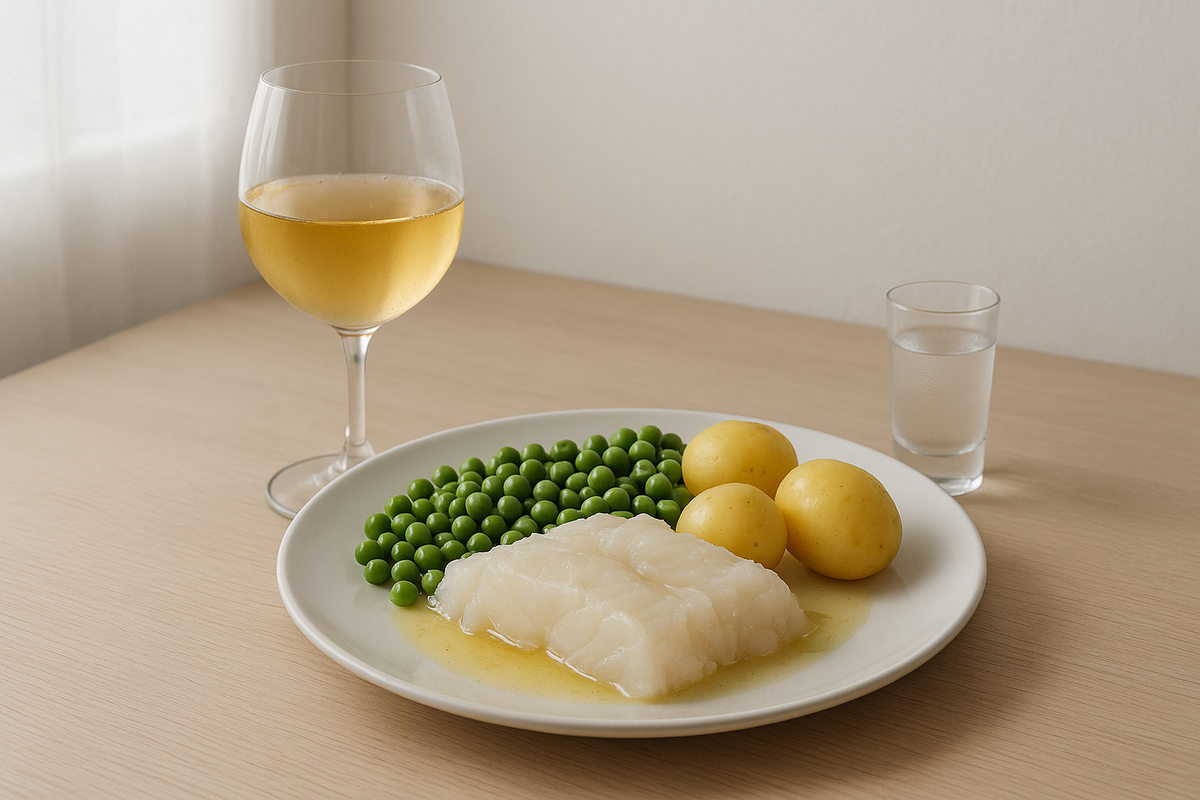 Classic lutefisk served with peas, potatoes, dry cider and a chilled aquavit shot.